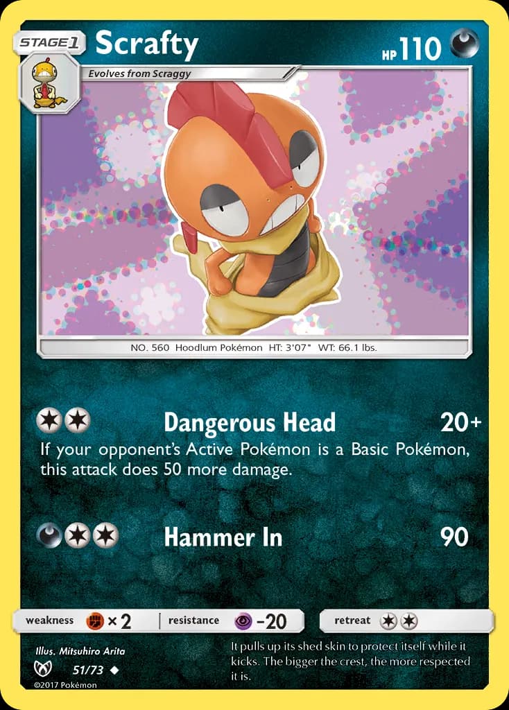 Scrafty — Shining Legends 51 Pokémon card