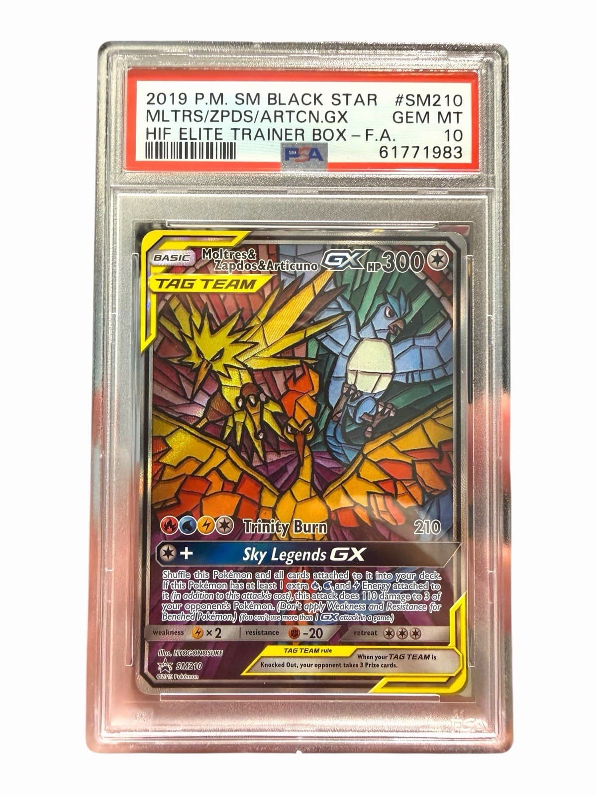 Moltres Zapdos Articuno GX PSA 10 Stained Glass SM210 Hidden Fates Pokemon ETB