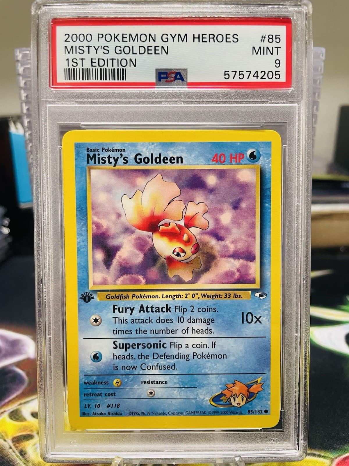PSA 9 Misty's Goldeen 85/132 2000 Gym Heroes 1st Edition Common Pokemon Card