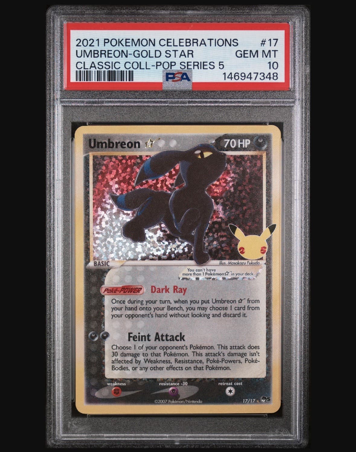 2021 POKEMON CELEBRATIONS CLASSIC COLLECTION #17 UMBREON-GOLD STAR PSA 10