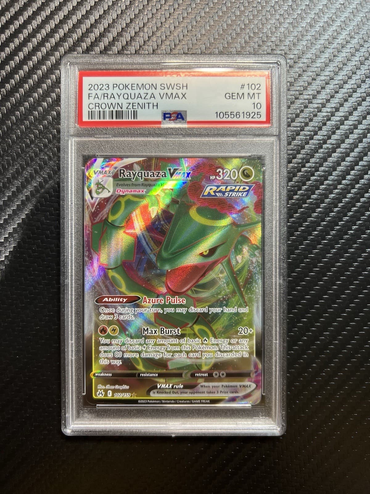 2023 Pokémon TCG SWSH Crown Zenith - Full Art Rayquaza VMAX 102/159 - PSA 10 GEM