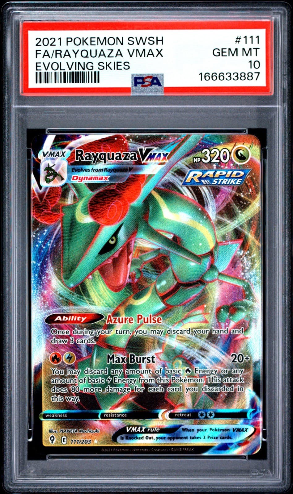 2021 POKEMON SWORD & SHIELD EVOLVING SKIES #111 FULL ART/RAYQUAZA VMAX PSA 10
