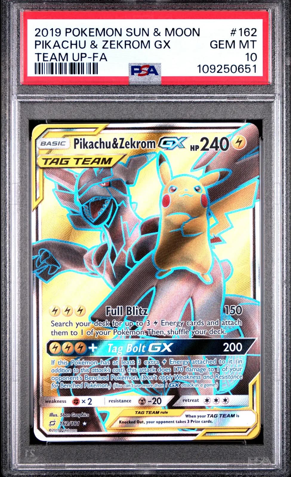 2019 Pokemon Sun & Moon Team Up Pikachu & Zekrom GX FA Full Art #162 PSA 10