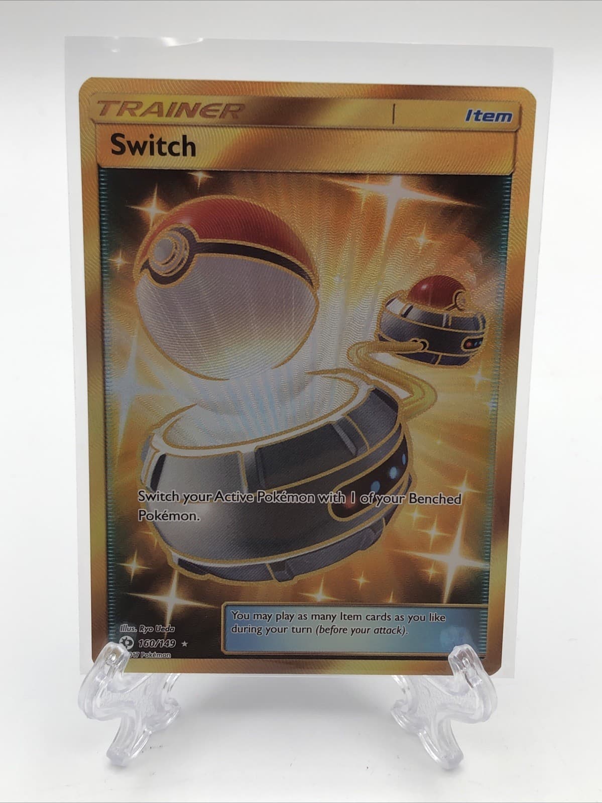 Pokemon Switch Gold Secret Rare Trainer 160/149 Sun & Moon Trading Card LP