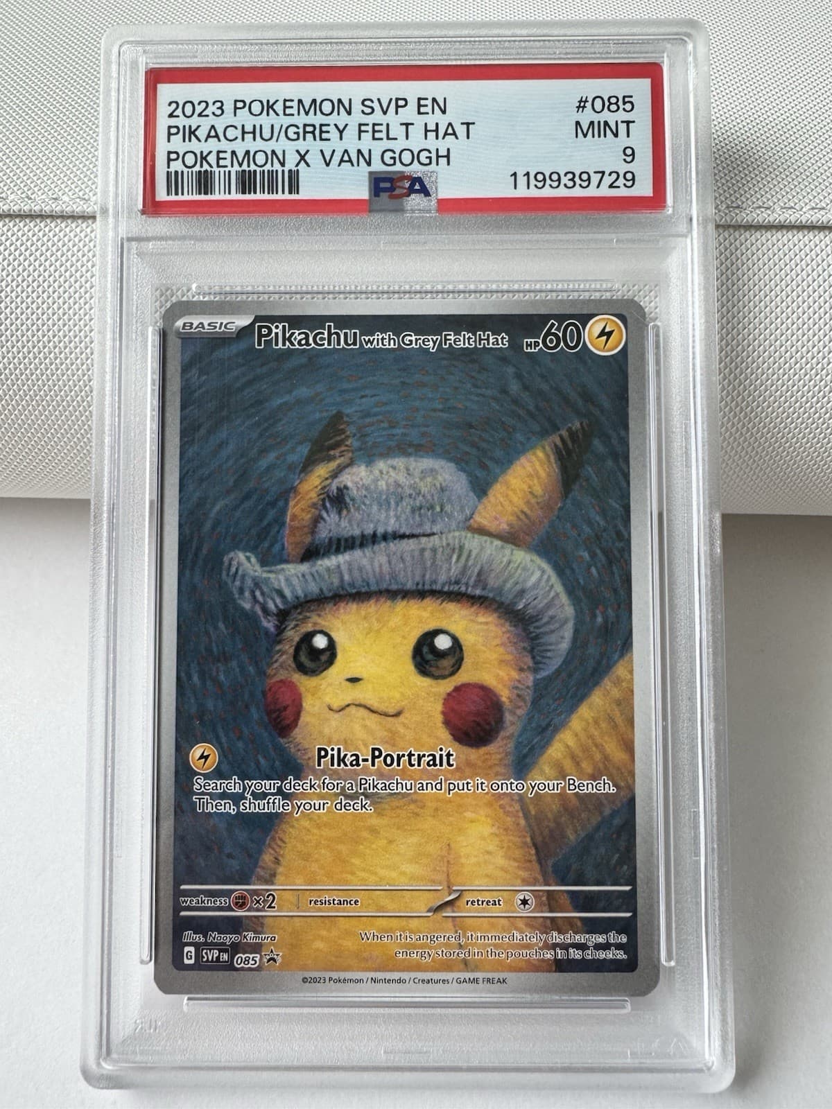 2023 POKEMON SVP EN-SV POKEMON X VAN GOGH #085 PIKACHU WITH GREY FELT HAT PSA 9