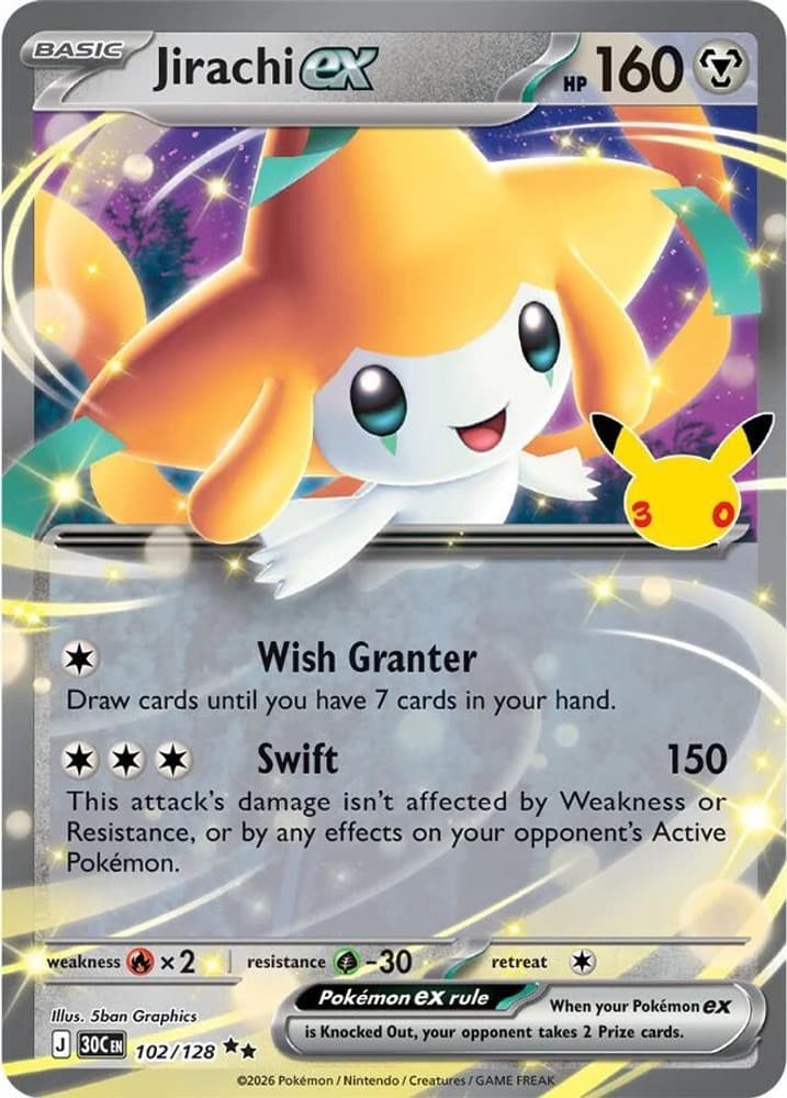 Pokemon Jirachi ex 102/128 ME: 30th Celebration Double Rare Holofoil NM