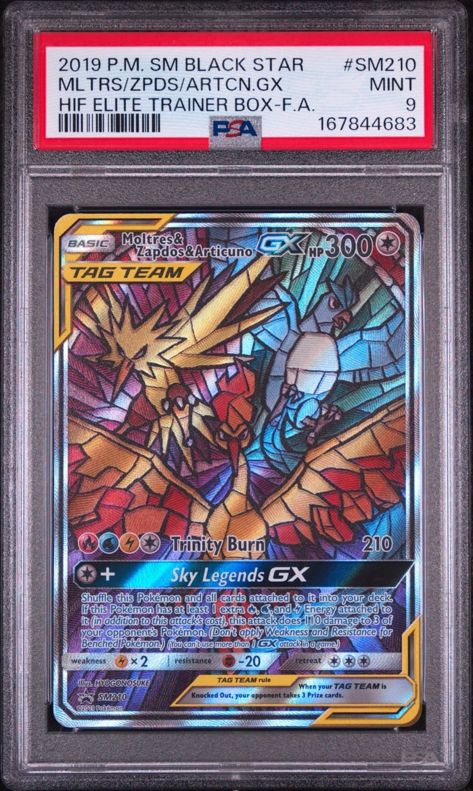 Pokémon TCG Moltres Zapdos Articuno GX SM210 Stained Glass Promos Holo PSA 9 MT