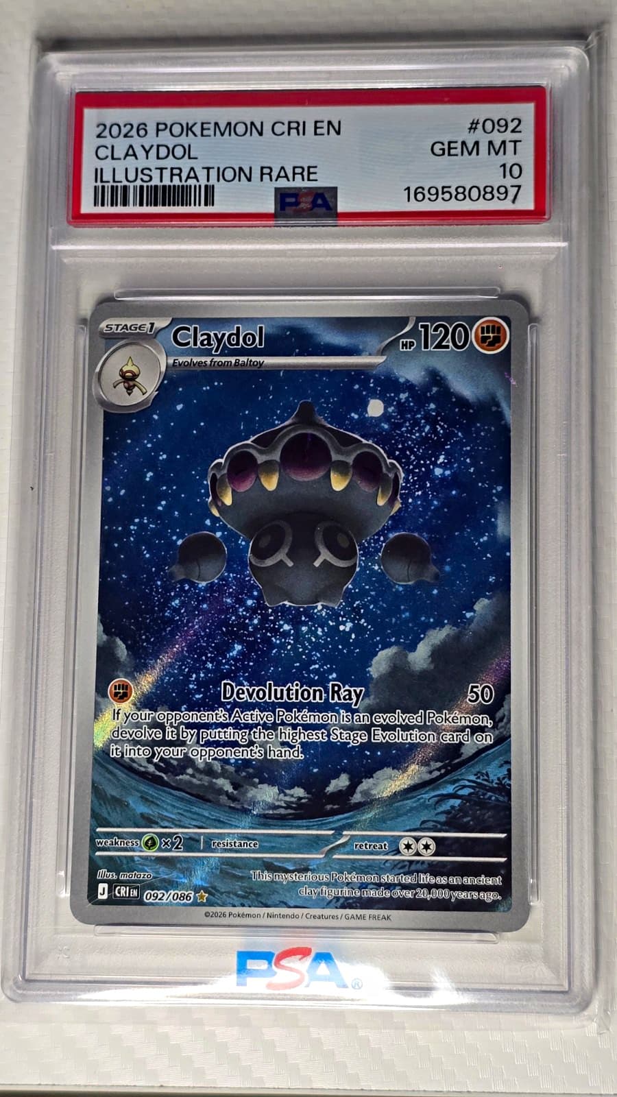 2026 POKEMON CRI EN-CHAOS RISING ILLUSTRATION RARE #092 CLAYDOL PSA 10