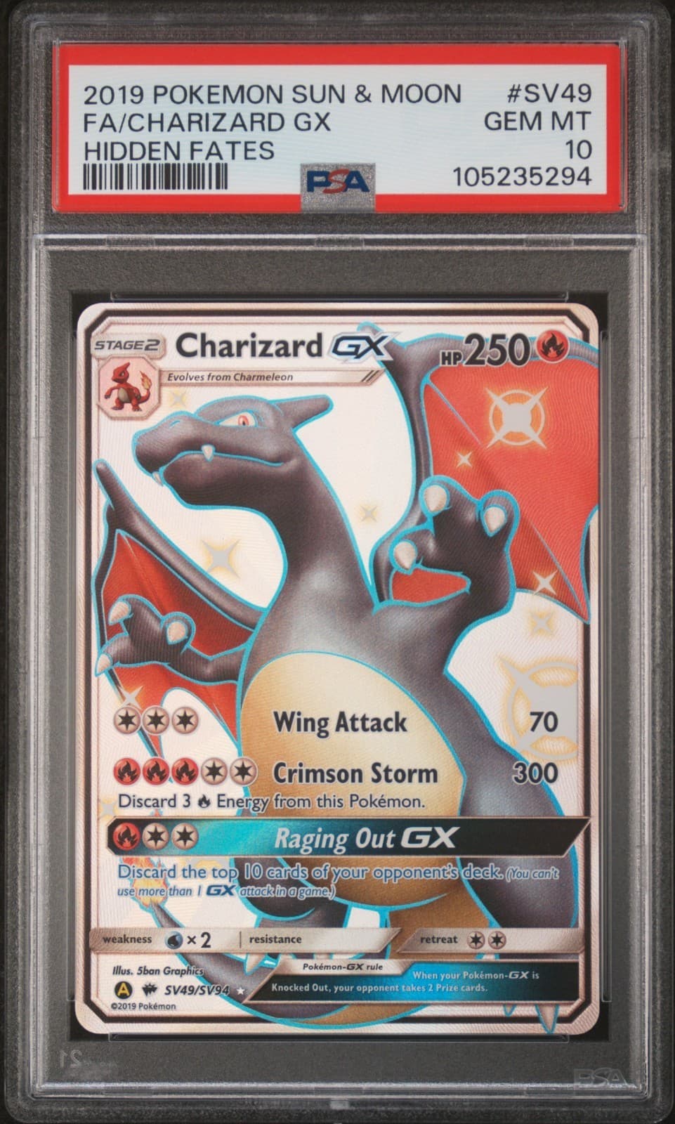 Pokemon 2019 Charizard GX SV49/SV94 Hidden Fates Shiny Vault Holo PSA 10