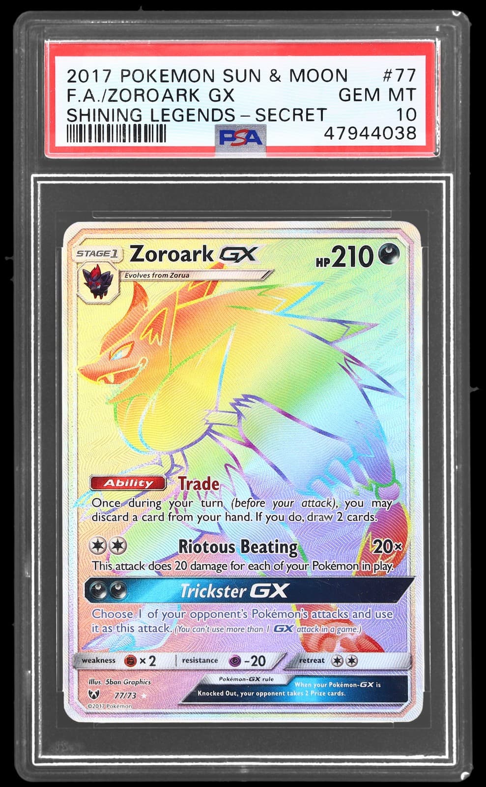 2017 Pokemon Sun And Moon Shining Legends Zoroark GX #77 PSA 10 Secret Rare