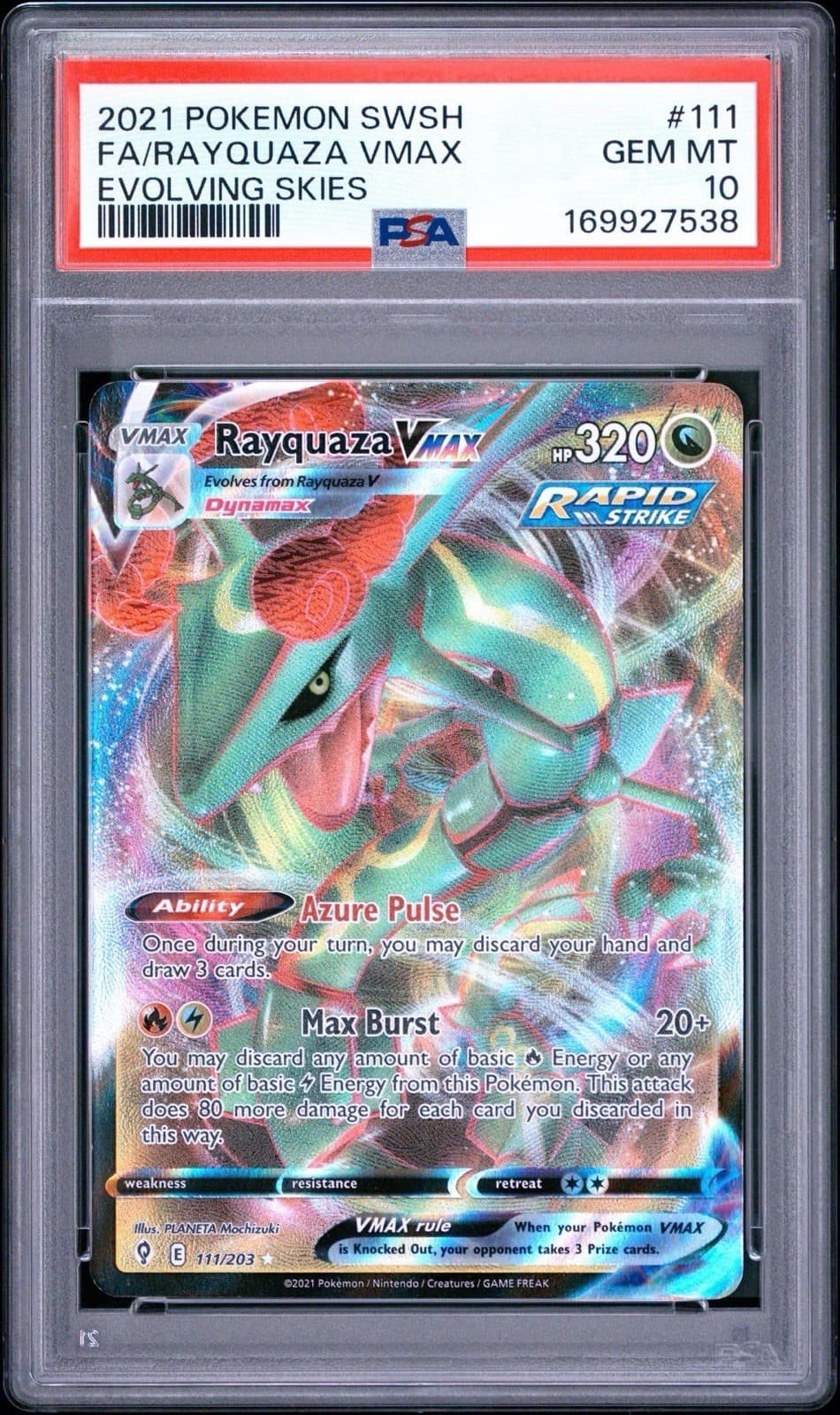 2021 POKEMON SWORD & SHIELD EVOLVING SKIES #111 FULL ART RAYQUAZA VMAX PSA 10