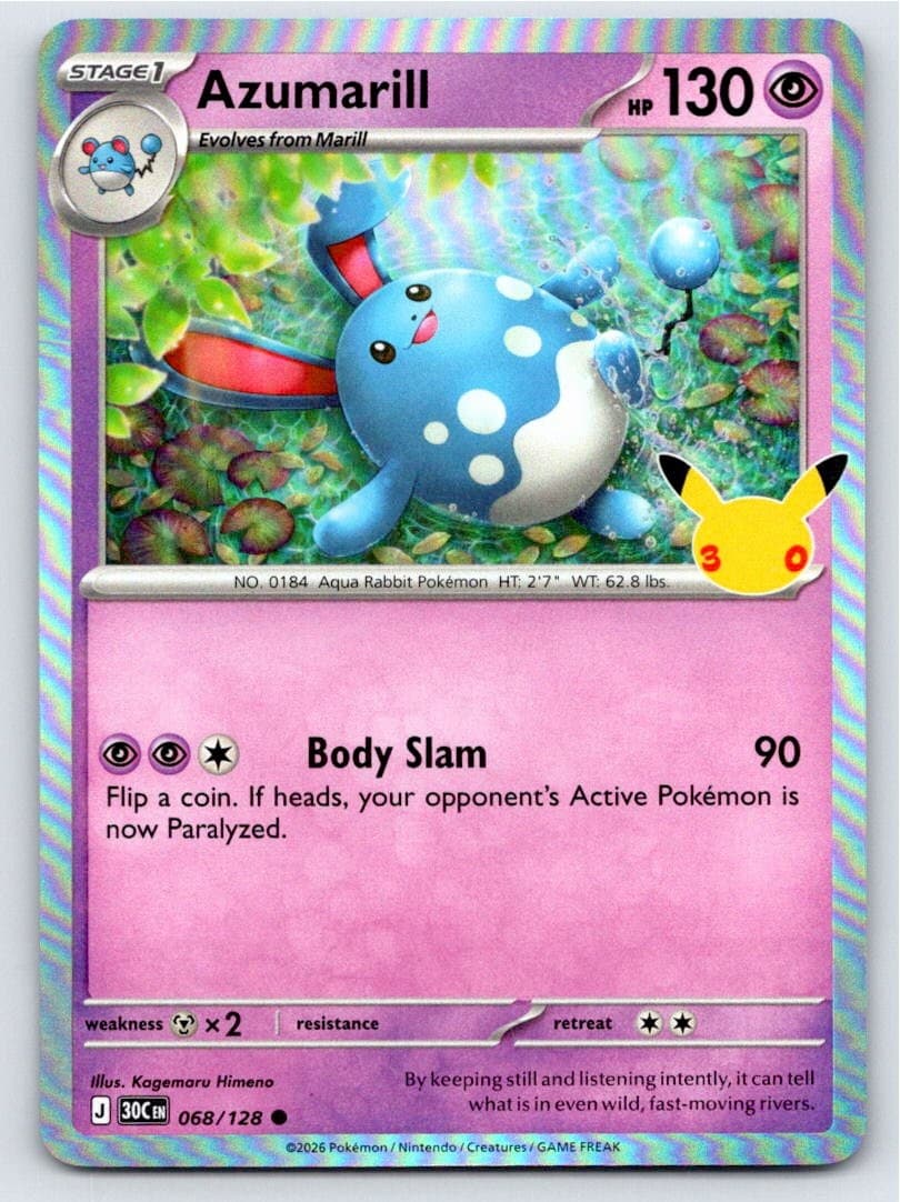 2026 POKEMON ME: 30TH CELEBRATION AZUMARILL 068/128 HOLO NM A101905 FREE S&H