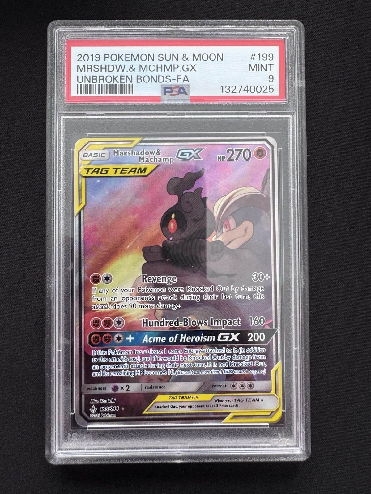 Marshadow & Machamp GX (Full Art) 199/214 Pokemon 2019 Unbroken Bonds PSA 9
