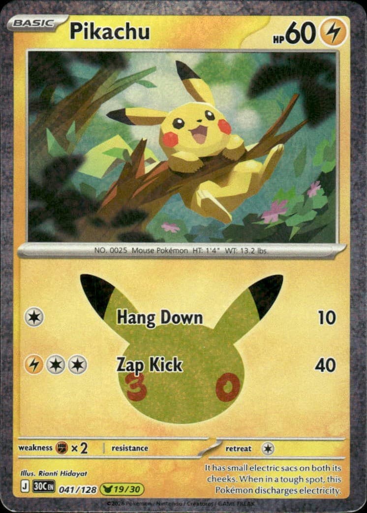 Pikachu 30th Celebration 041/128 Pikachu Rare Holo Pokémon — English NM
