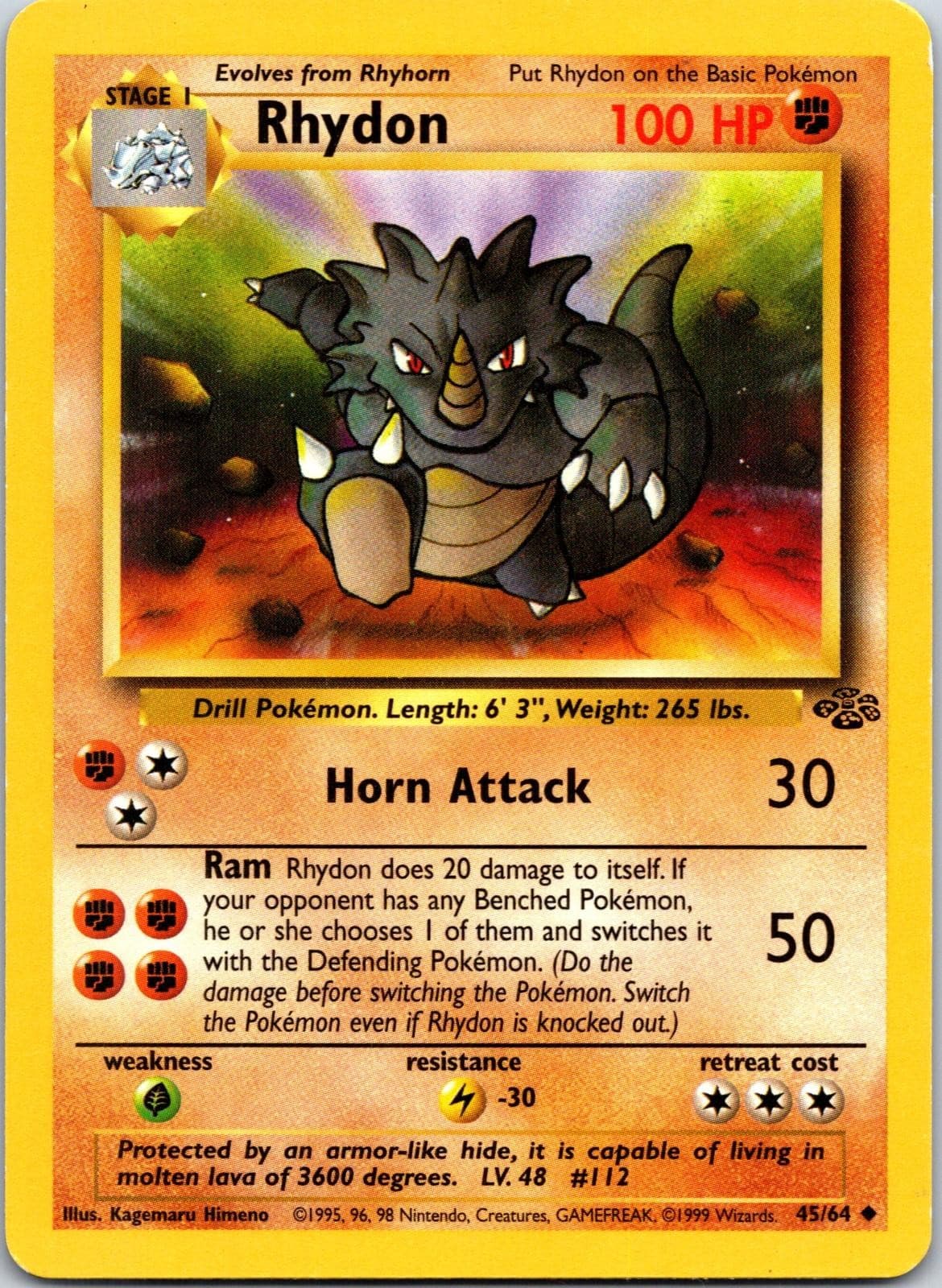 Rhydon 45/64 Uncommon Jungle Pokemon Unlimited MODERATELY PLAYED