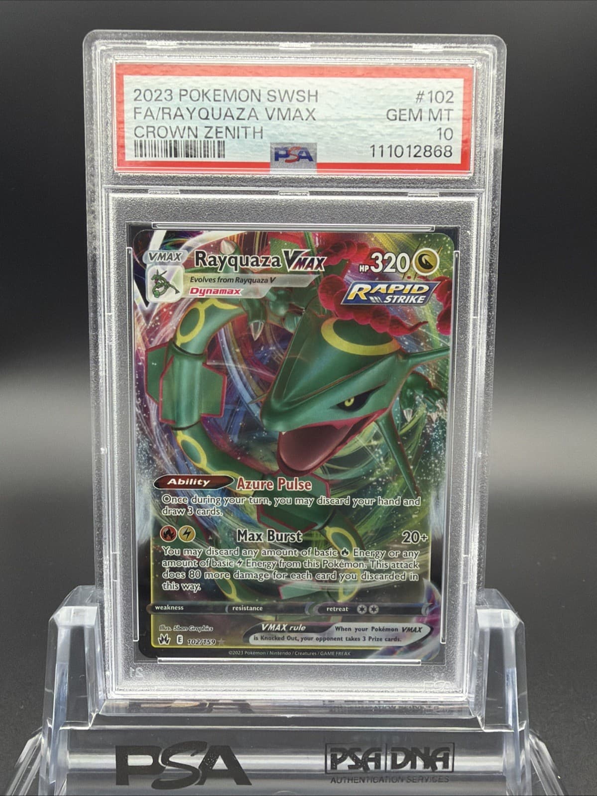 2023 POKEMON SWORD & SHIELD CROWN ZENITH #102 FULL ART/RAYQUAZA VMAX PSA 10