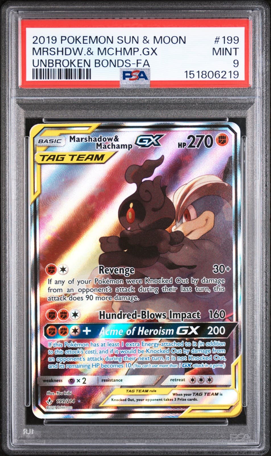 PSA 9 Marshadow & Machamp GX #199/214 Tag Team Unbroken Bonds Pokemon