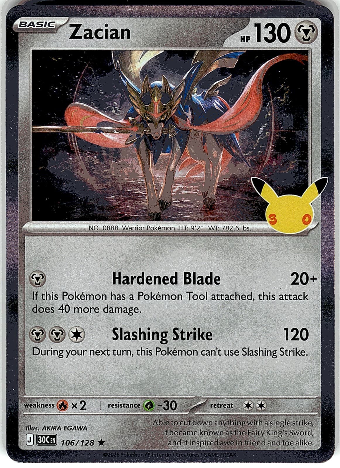 Zacian Holo 106/128 Rare ME: 30th Celebration Pokemon Card Near Mint