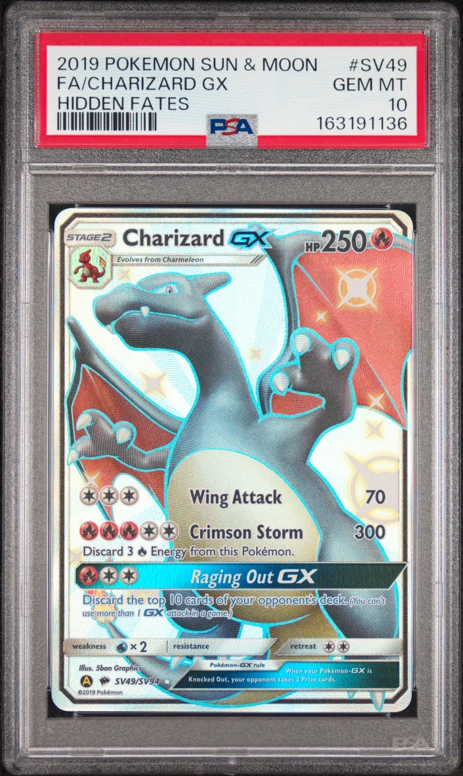 2019 POKEMON SUN & MOON HIDDEN FATES #SV49 FULL ART/CHARIZARD GX PSA 10
