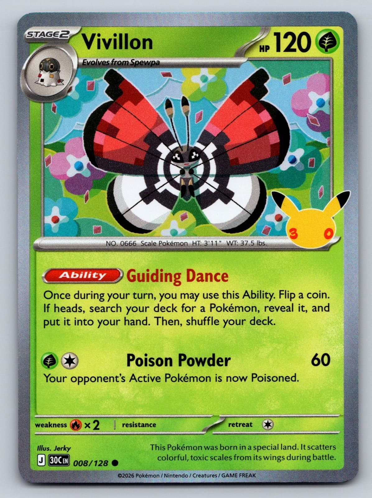Vivillon 008/128 Holo Rare ME: 30th Celebration Pokemon Card - NM