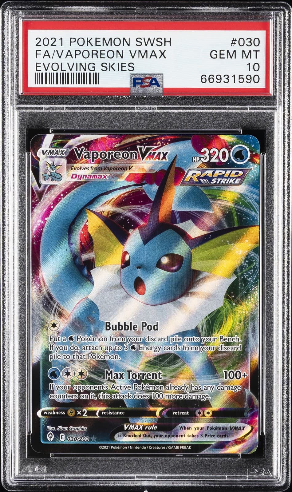 2021 POKEMON SWORD & SHIELD EVOLVING SKIES #030 FULL ART/VAPOREON VMAX PSA 10