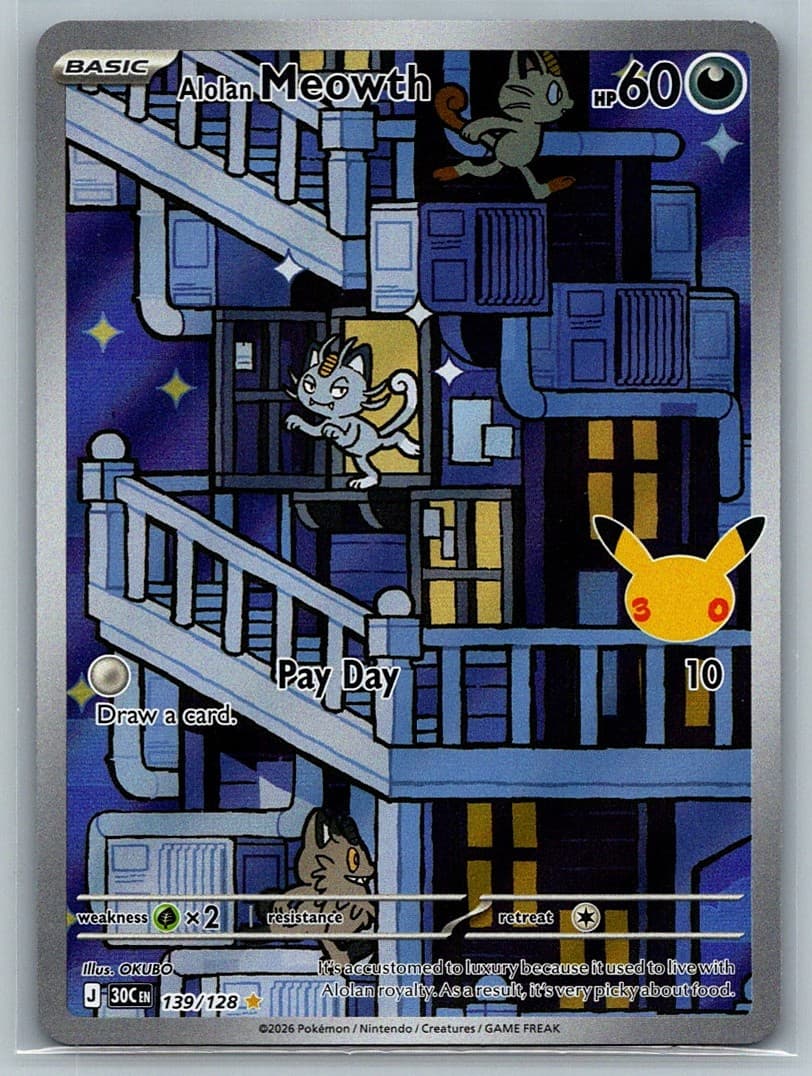 Alolan Meowth 139/128 IR Holo NM Pokemon Card 30th Celebration