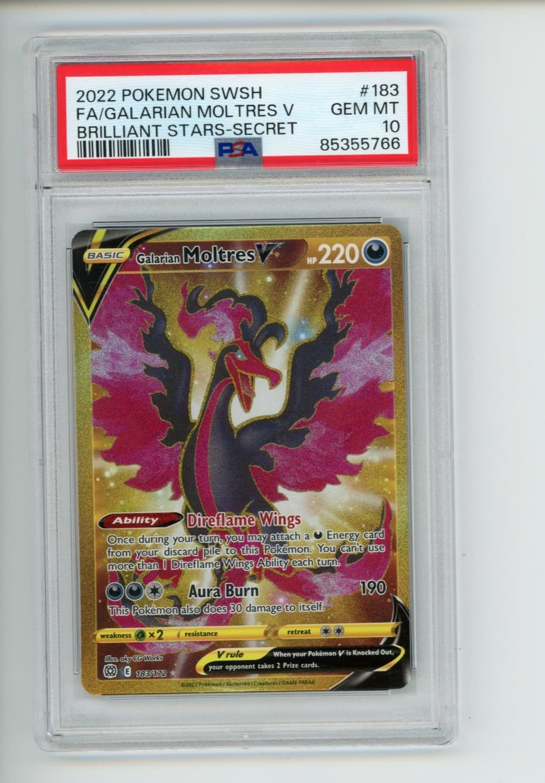 2022 Pokemon Brilliant Stars Galarian Moltres V 183/172 Secret Rare PSA 10