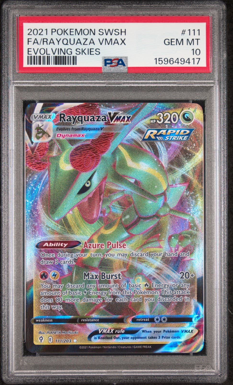 2021 POKEMON SWORD & SHIELD EVOLVING SKIES #111 FULL ART/RAYQUAZA VMAX PSA 10