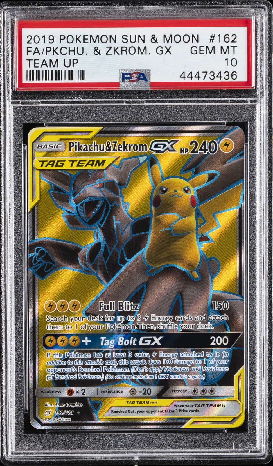 2019 POKEMON SUN & MOON TEAM UP #162 FULL ART/PIKACHU & ZEKROM GX PSA 10