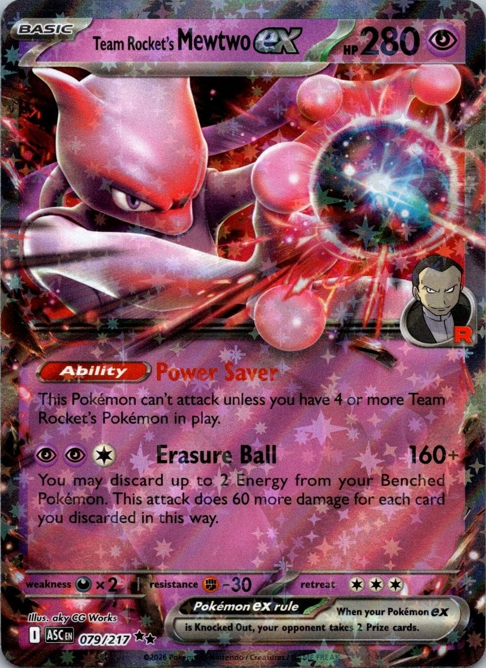 Team Rocket's Mewtwo ex 079/217 Double Rare Ascended Heroes Pokemon Holo NM