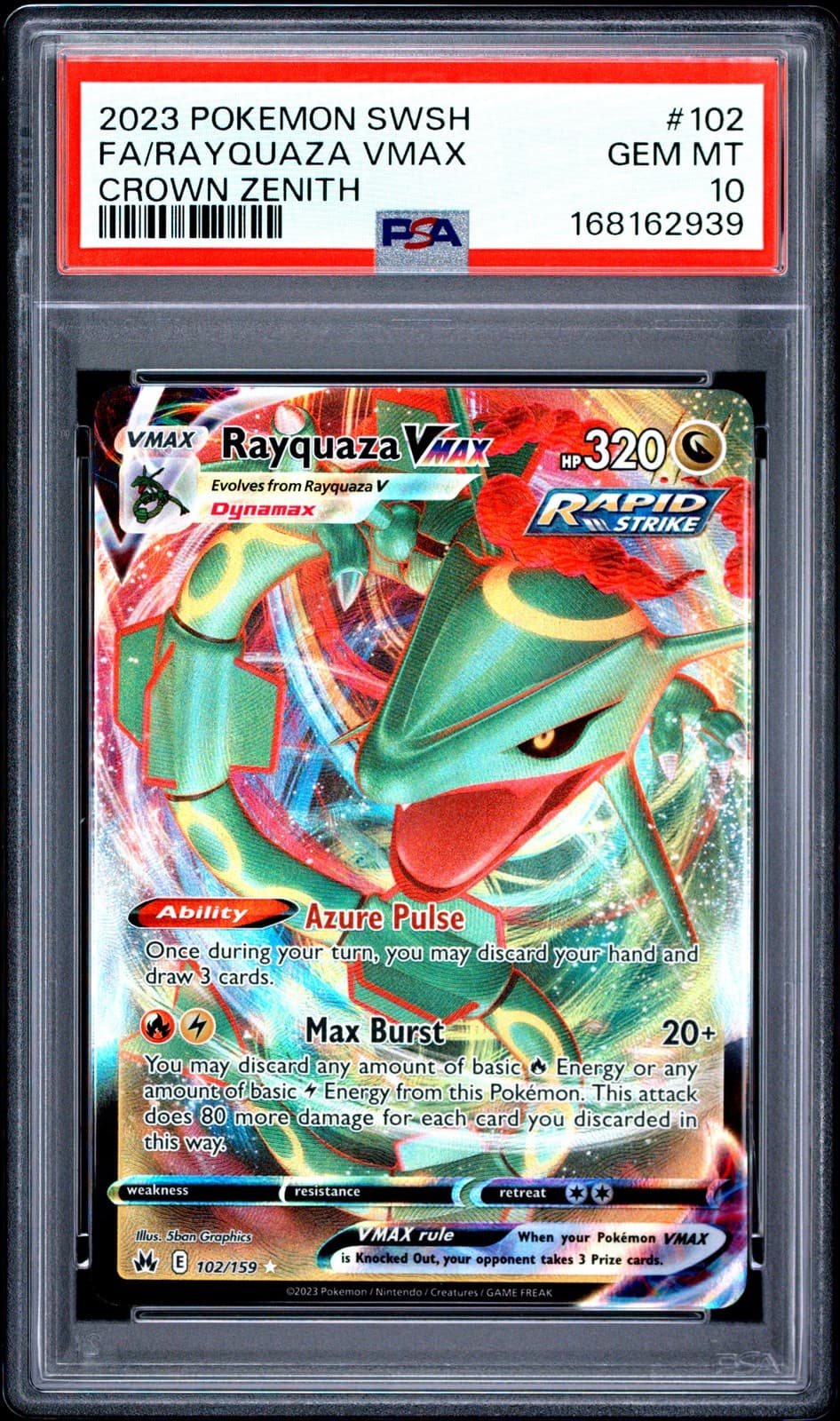 2023 POKEMON SWORD & SHIELD CROWN ZENITH #102 FULL ART/RAYQUAZA VMAX PSA 10