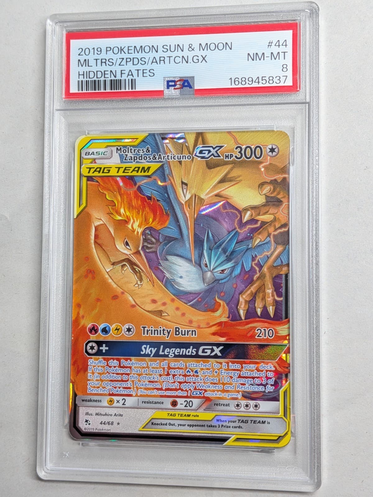 PSA 8 - MINT Moltres & Zapdos & Articuno GX 44/68 Hidden Fates Holo NM Pokemon
