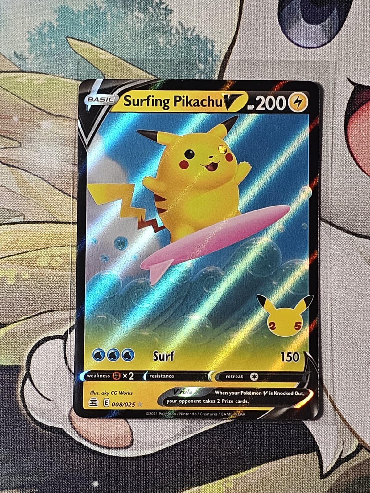 Pokemon Celebrations Surfing Pikachu V Full Art Holo Card 8/25 25th Anniversary
