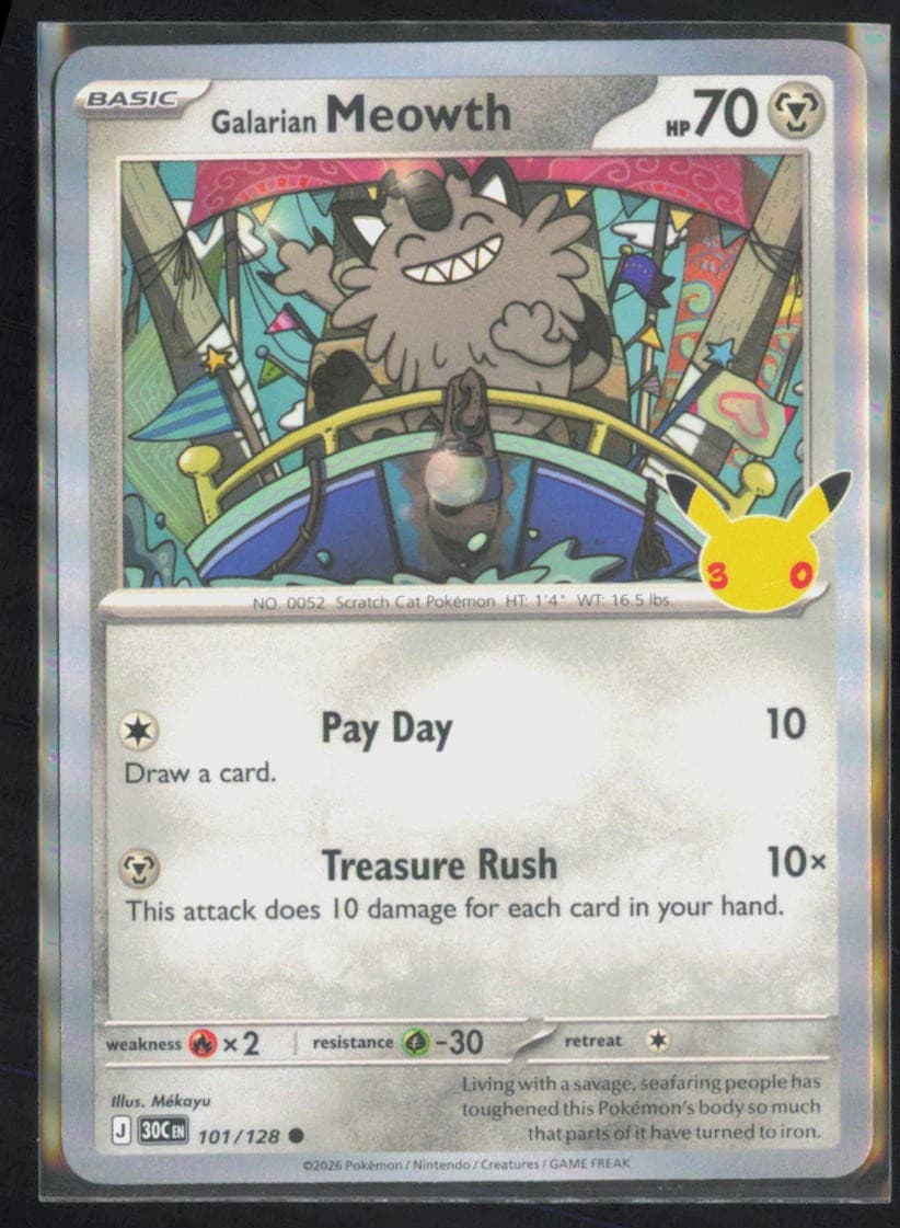 Pokemon Galarian Meowth ME: 30th Celebration 101/128 Holo NM