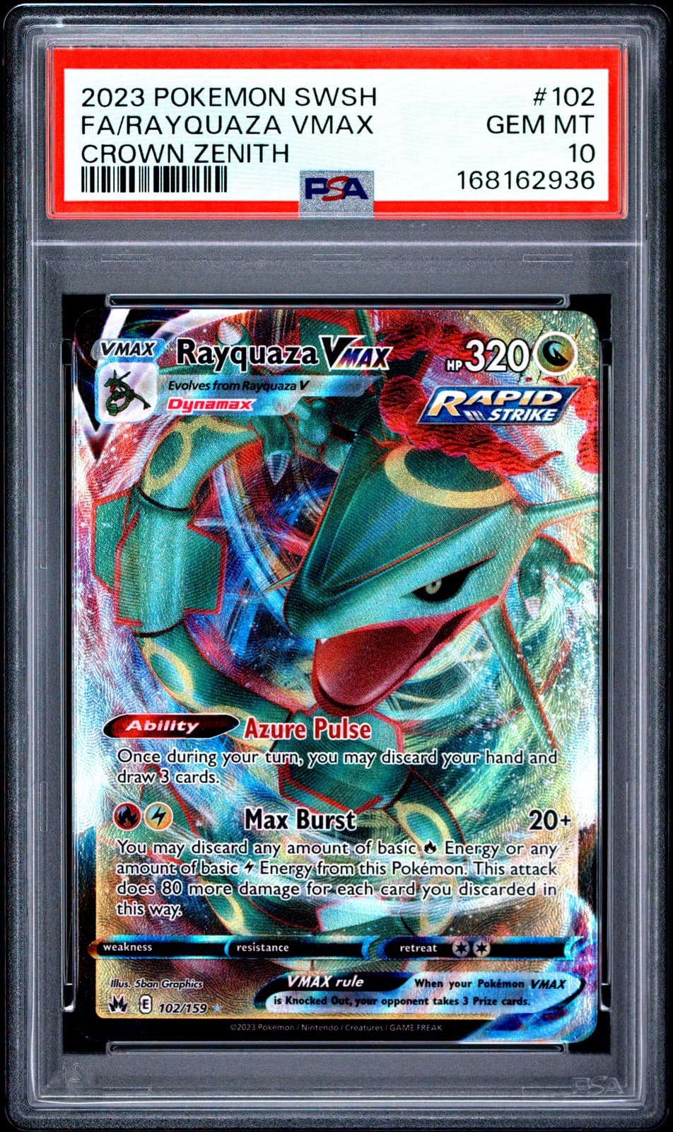 2023 POKEMON SWORD & SHIELD CROWN ZENITH #102 FULL ART/RAYQUAZA VMAX PSA 10