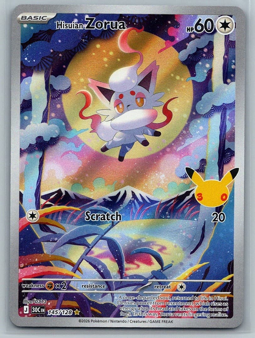 Hisuian Zorua 145/128 IR Holo NM Pokemon Card 30th Celebration