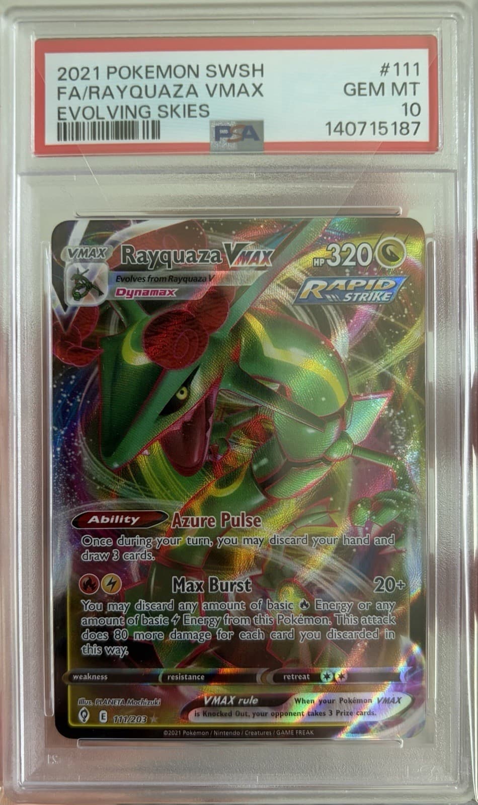 2021 POKEMON SWORD & SHIELD EVOLVING SKIES #111 FULL ART/RAYQUAZA VMAX PSA 10