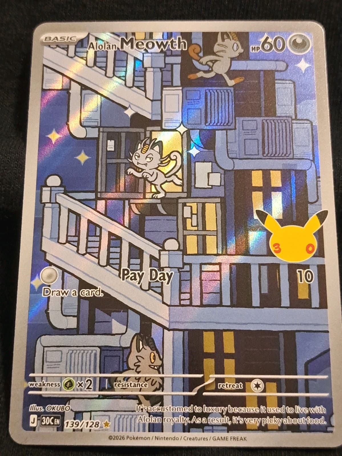 Pokemon Alolan Meowth 139/128 Illustration Rare 30th Celebration Holo Card NM