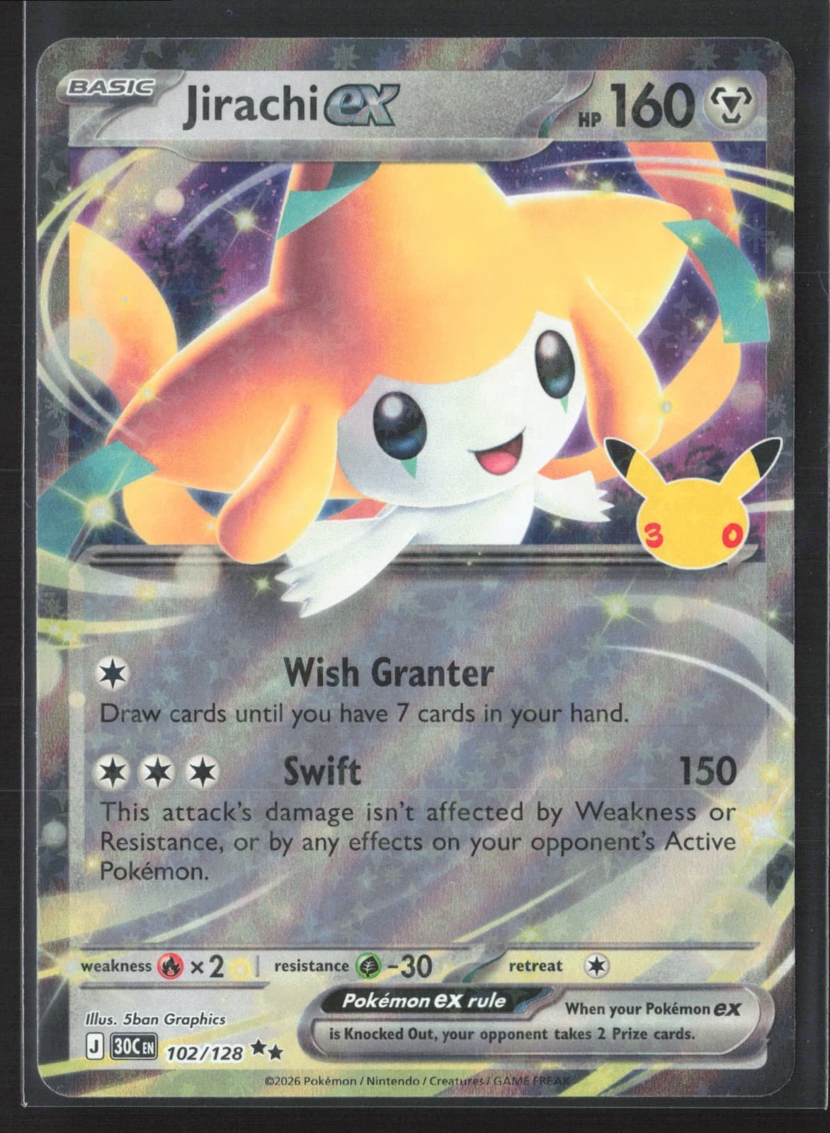 102/128 Jirachi ex - 30th Celebration Holofoil Double Rare NM Pokemon