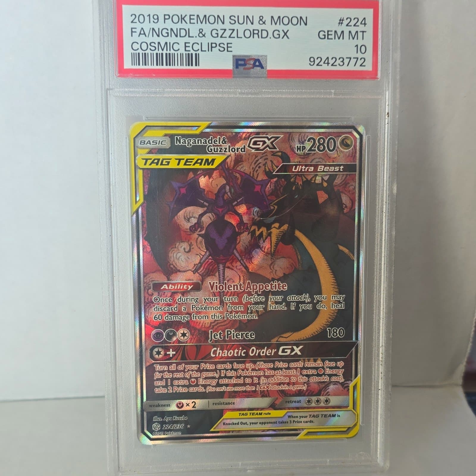 Pokemon Naganadel & Guzzlord GX 224/236 Cosmic Eclipse Full Art Holo PSA 10