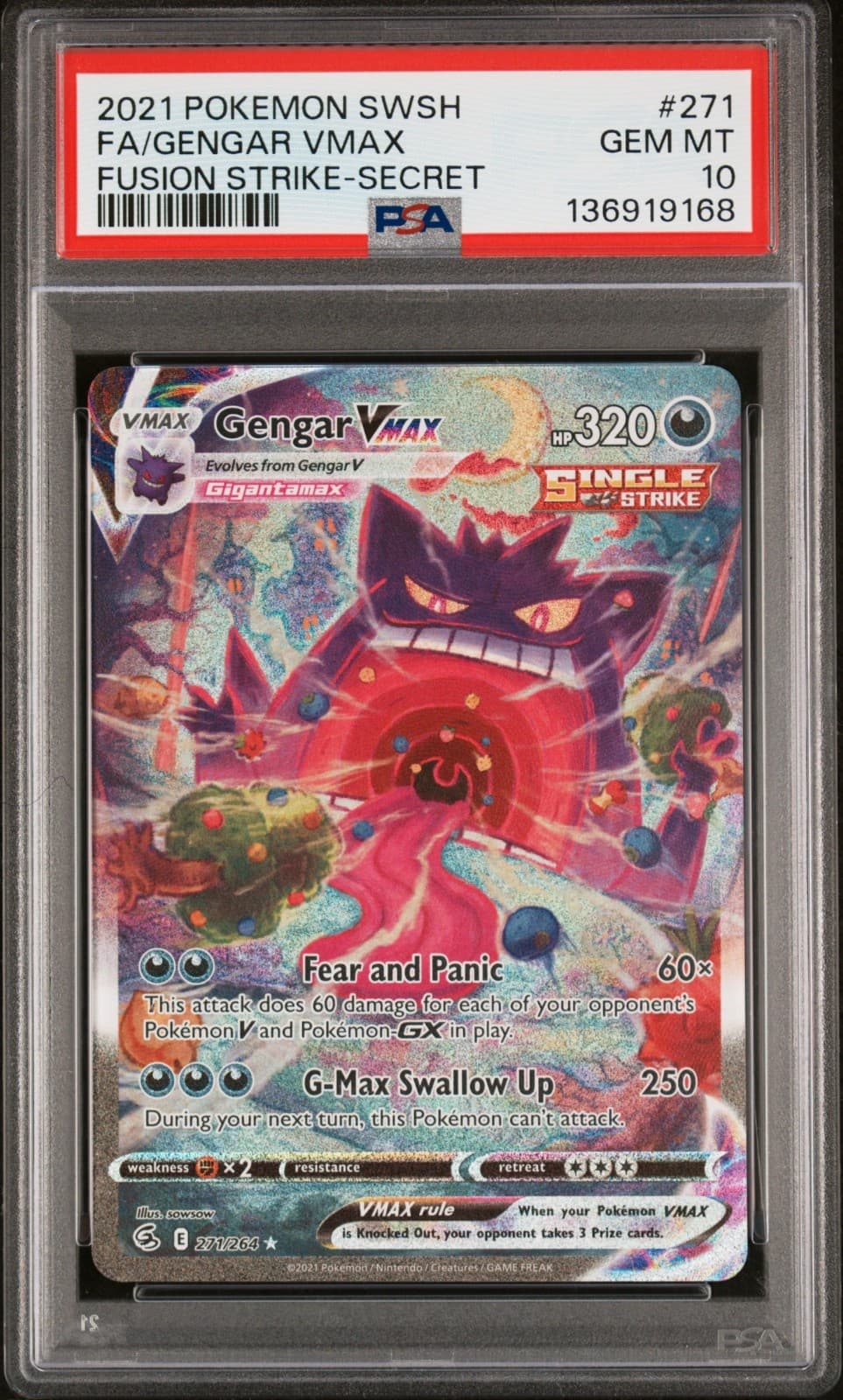 2021 POKEMON FUSION STRIKE GENGAR VMAX #271/264 ALT ART SECRET RARE PSA 10