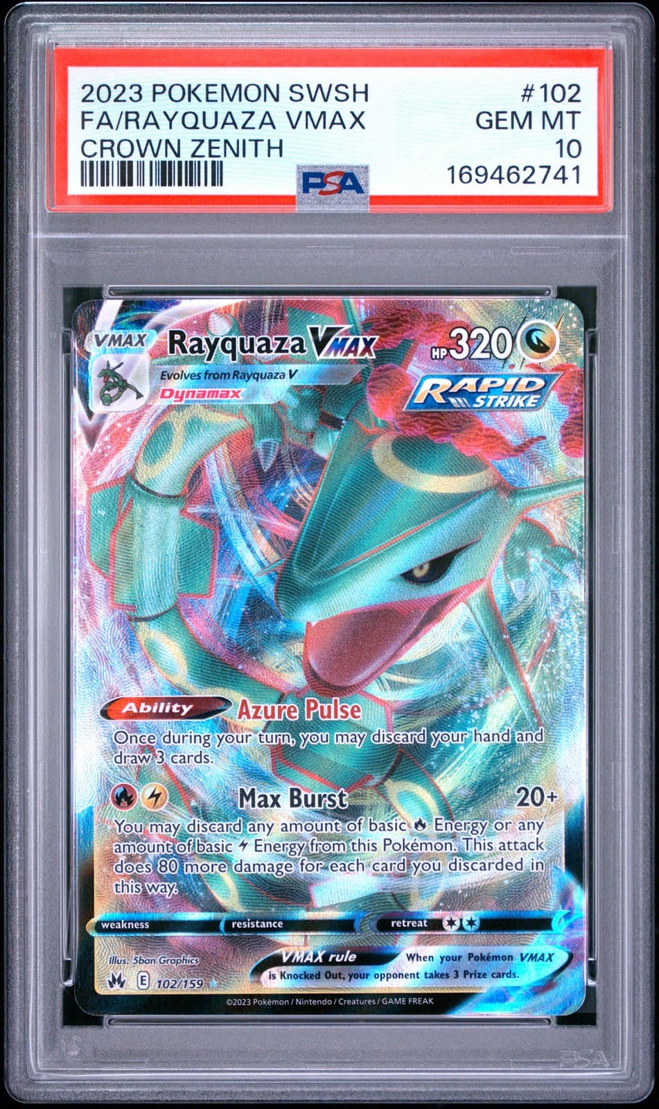 POKEMON RAYQUAZA VMAX 102/159 SWORD & SHIELD CROWN ZENITH 2023 PSA 10 GEM MINT