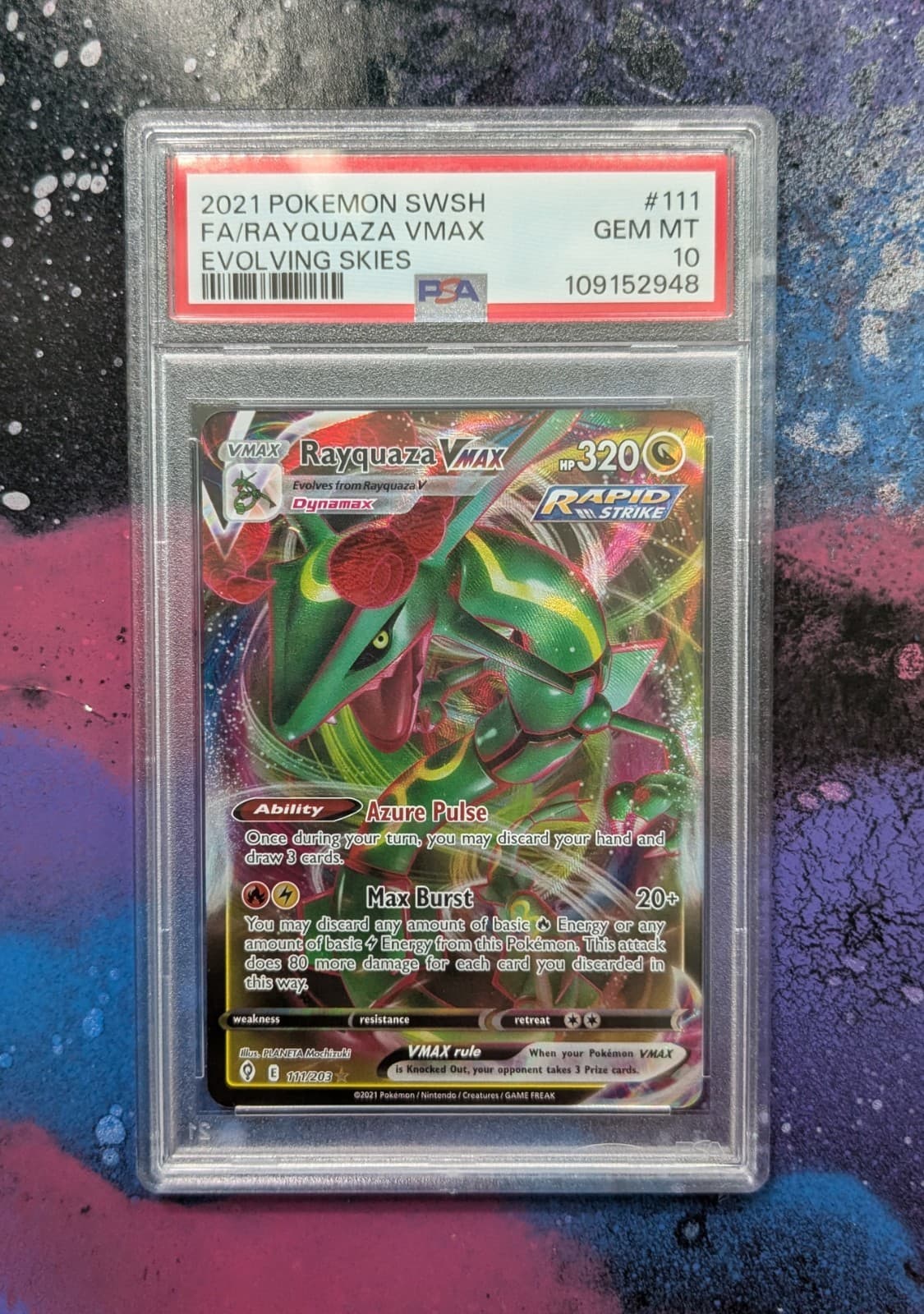 PSA 10 Rayquaza VMAX 111/203 SWSH07 Evolving Skies 2021 Holo Full Art GEM MINT
