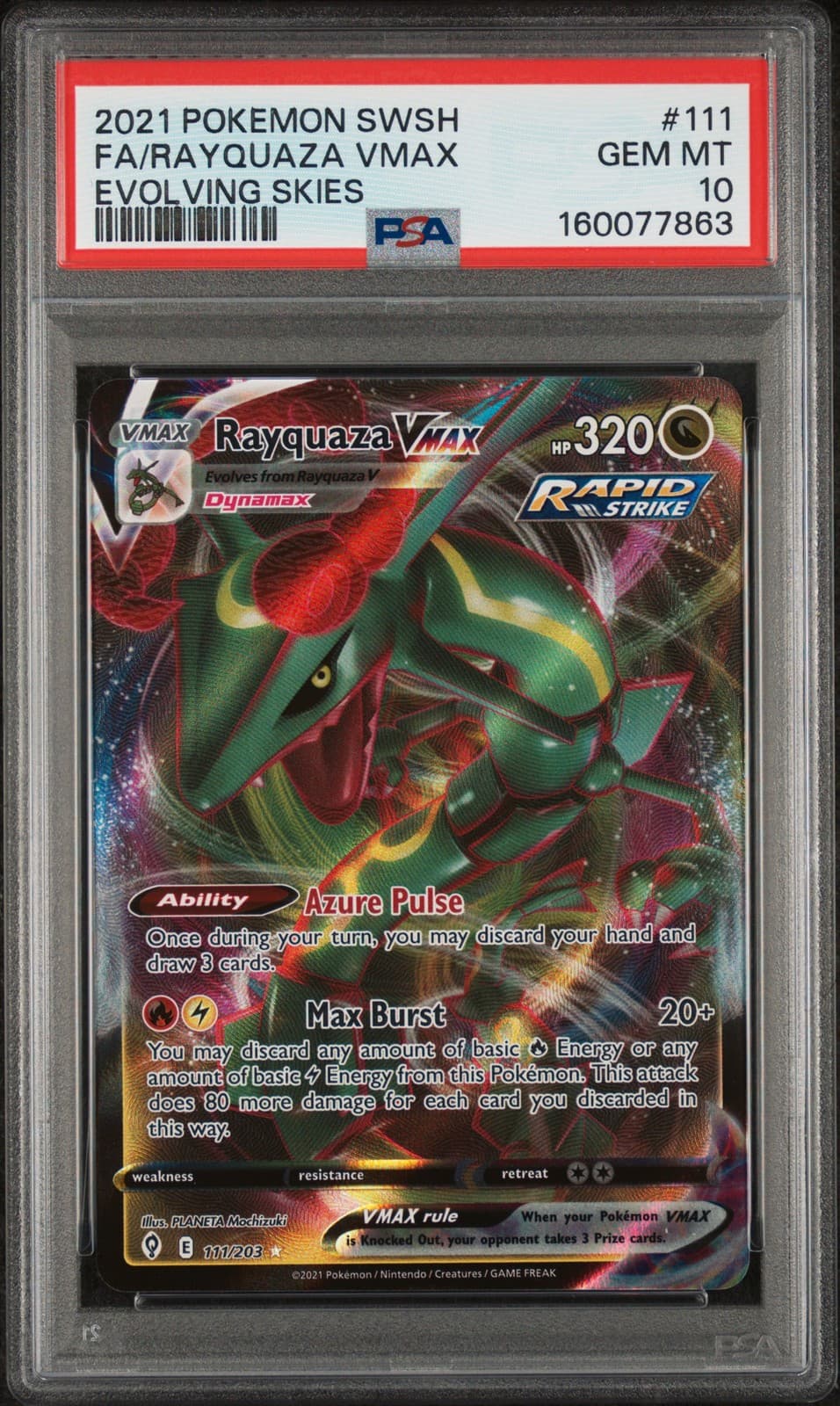 2021 POKEMON SWORD & SHIELD EVOLVING SKIES #111 FULL ART/RAYQUAZA VMAX PSA 10
