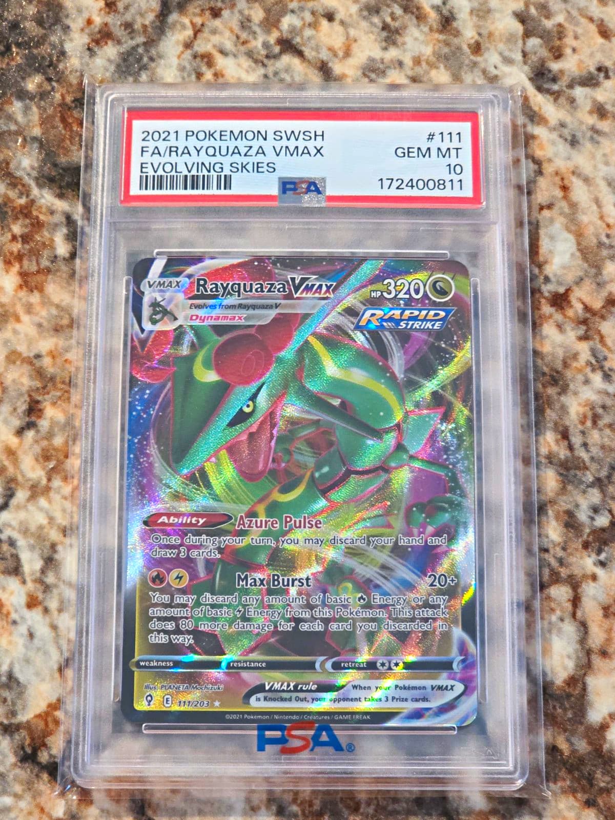 2021 Evolving Skies Rayquaza VMAX 111/203 Full Art Holo PSA 10