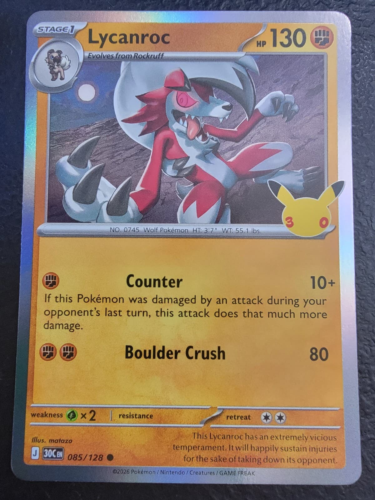 Pokemon TCG 30th Anniversary Celebration Lycanroc 085/128