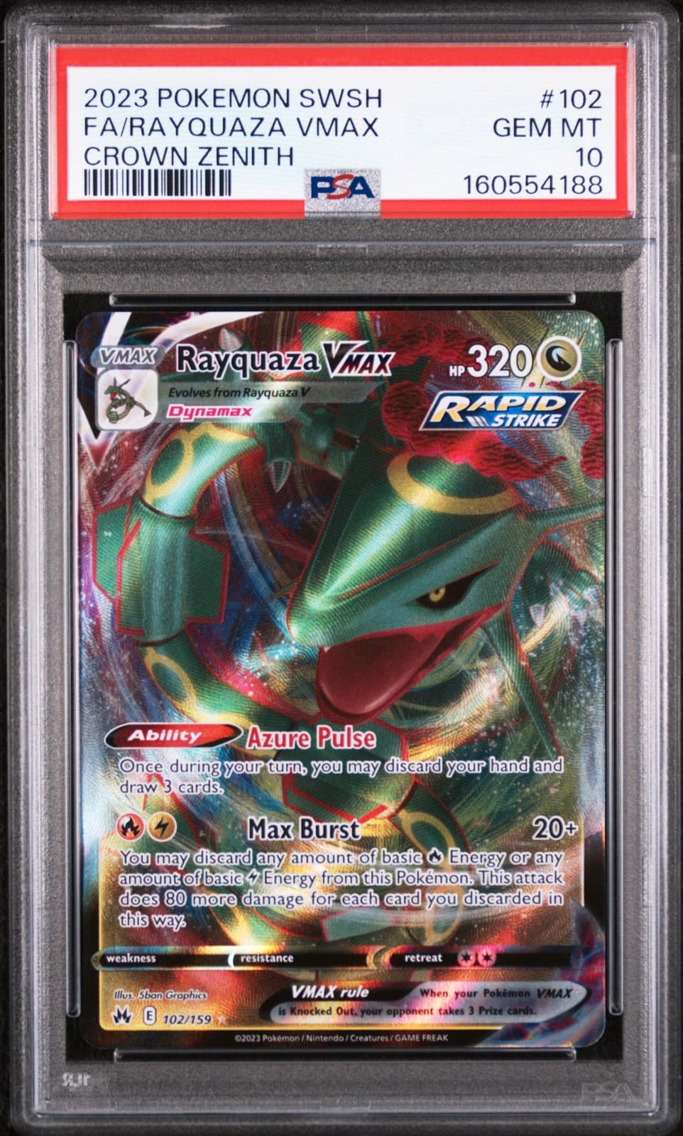 2023 POKEMON SWORD & SHIELD CROWN ZENITH #102 FULL ART/RAYQUAZA VMAX PSA 10