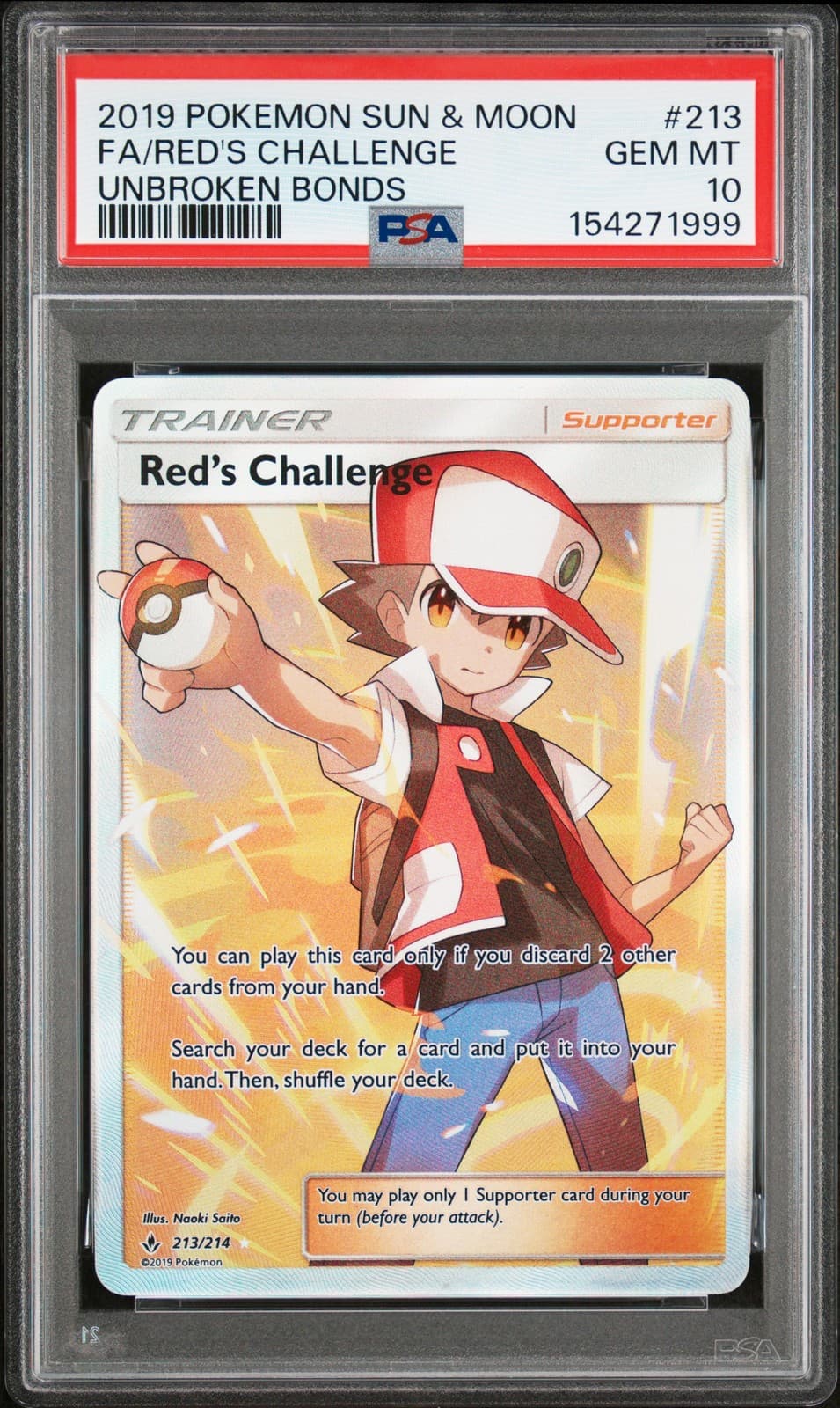 2019 POKEMON SUN & MOON UNBROKEN BONDS #213 FULL ART/RED'S CHALLENGE PSA 10
