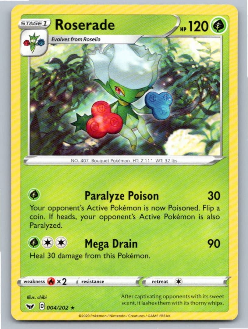 2020 POKEMON ROSERADE SWORD & SHIELD 004/202 R NM A60501 FREE S&H