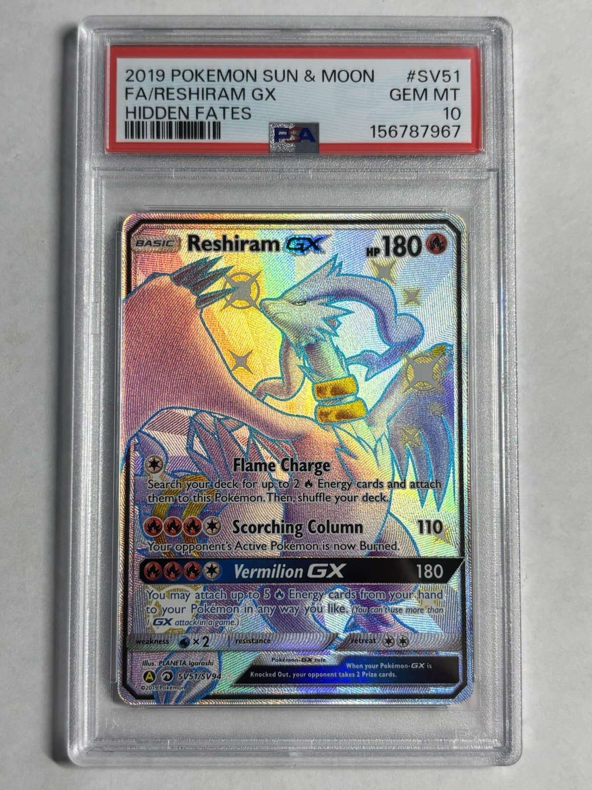 Pokémon TCG Reshiram GX Hidden Fates Shiny Holo Rare SV51/SV94 PSA 10 GEM MT